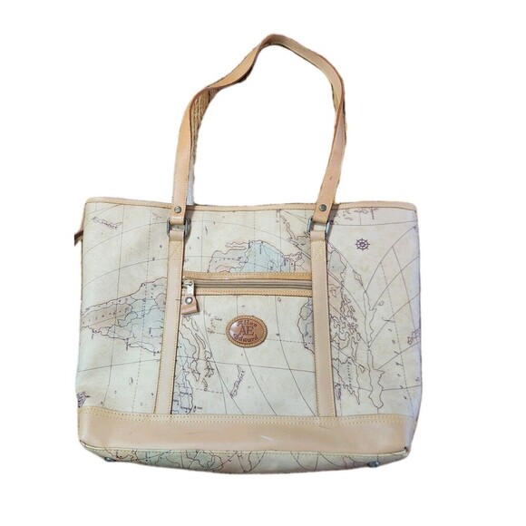 Allan Edward Leather World Map Begie Tote Bag Unique Map Design Shoulder Bag - Picture 5 of 16